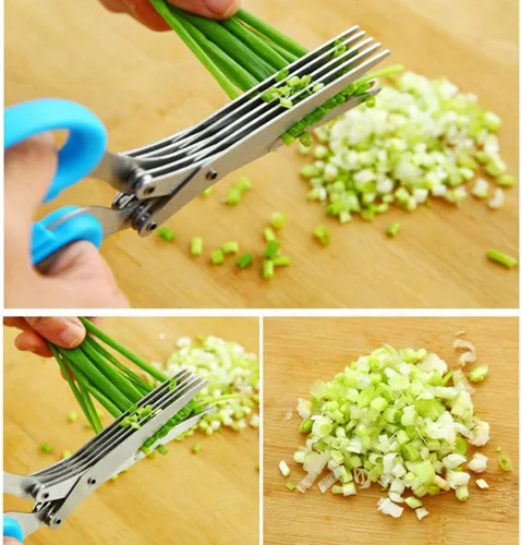 Vista 3 de Tijeras de hierbas de acero inoxidable 5 cuchillas tijeras de cocina picada hierbas frescas y verduras de hoja verde utensilios de cocina cortador