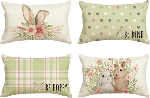 Vista 15 de AVOIN colorlife Juego de 4 fundas de cojín de Pascua con diseño de búfalo y flor de conejo de Pascua Be Hoppy Bule, 18 x 18 pulgadas, diseño