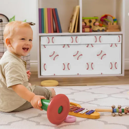 Vista 3 de Sweet Jojo Designs Caja de almacenamiento de juguetes de tela roja y blanca para niños, para niños, para colección de parches de béisbol