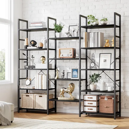 Vista 5 de NUMENN Estantería Triple Ancha de 5 Niveles, Librerías y Estanterías de Estilo Industrial Rústico con 14 Estantes de Exhibición Abiertos, Muebles