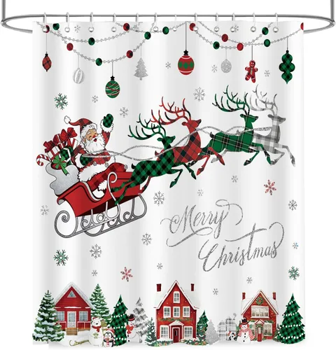 Vista 3 de APROPHIC Cortina de ducha de Feliz Navidad, cortina de ducha de búfalo rojo y verde, a cuadros, Papá Noel, trineo, reno, copo de nieve, para baño