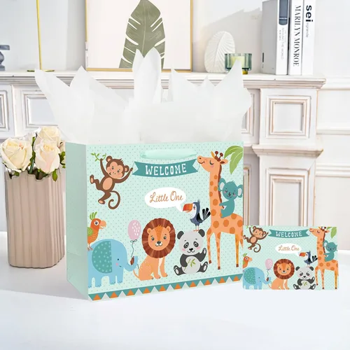Vista 5 de Laidans Bolsa de regalo grande de 13" para bebé niño o niña para baby shower con papel de seda y tarjeta de felicitación (Azul)