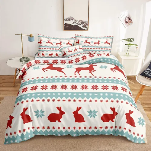 Vista 41 de Juego de ropa de cama de Navidad con funda de edredón de copos de nieve, color blanco y rojo, con estampado navideño, juego de ropa de cama festiva