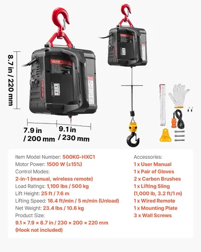 Vista 7 de VEVOR Polipasto Eléctrico 2 en 1, Capacidad de 1100 libras, Grúa Cabrestante Portátil de 1500W, Altura de Elevación de 25 pies, 16.4 pies/min