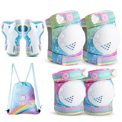 Vista 10 de Rodilleras de arcoíris y unicornio para niños, coderas, muñequeras con bolsa de cordón, juego de equipo de protección ajustable para niñas, patinaje