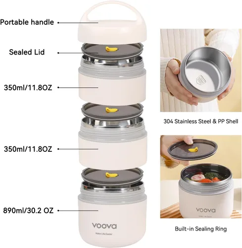 Vista 3 de Voova Lonchera térmica apilable de acero inoxidable con bolsa de almuerzo y juego de cultería para adultos, mujeres y hombres, 3 niveles a prueba