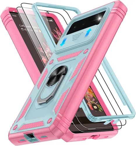 Vista 293 de Gritup Funda para Google Pixel 6 con cubierta deslizante para cámara y protector de pantalla (2 unidades), soporte de anillo giratorio 360°, funda