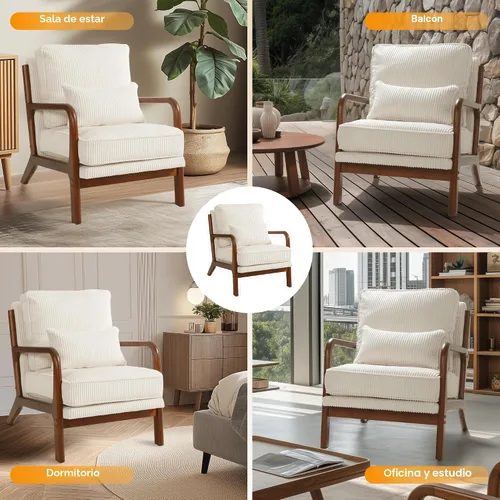 Vista 6 de FLEXISPOT AC1 - Silla decorativa, sillón moderno de mediados de siglo con marco de madera, cómoda silla de lectura tapizada de pana con almohada