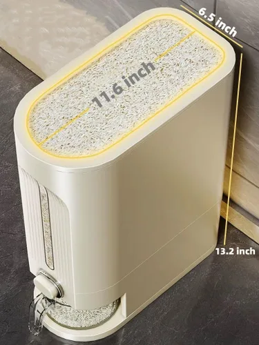 Vista 4 de Dispensador de arroz IEEK y contenedor de almacenamiento de granos con tapa, contenedor de arroz con taza de medición, dispensador de cereales