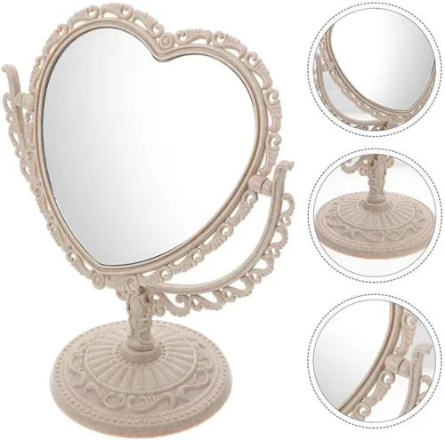 Vista 6 de AKOAK Espejo cosmético en forma de corazón, plástico, de doble cara, giratorio, ligero, espejo de baño y dormitorio (beige) Plástico de doble