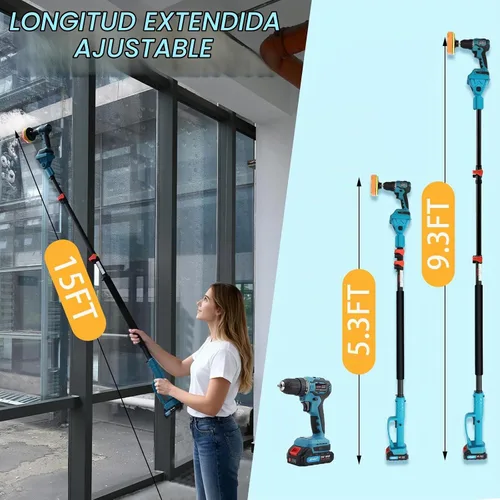 Vista 2 de Taladro telescópico inalámbrico 2 en 1, herramienta de limpieza de taladro de potencia máxima de 20 V con 2 baterías y cargador de 2.0 A, poste