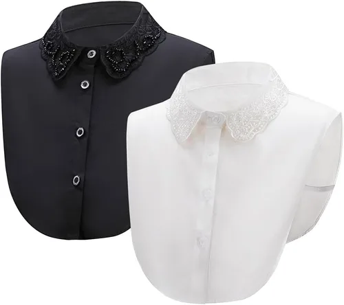 Vista 11 de YEKEYI 2 piezas de camisa de mujer con cuello falso de encaje, camisa media con cuello falso desmontable, puño de algodón, color blanco Collar2pcs-04