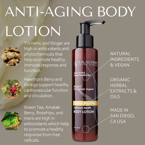 Vista 3 de RD Alchemy - Loción corporal antienvejecimiento 99% natural y orgánica para manchas solares y manchas de la edad, piel crepey y piel normal a seca.