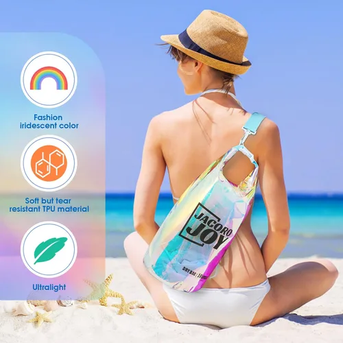 Vista 3 de Bolsa seca iridiscente, bolsa de playa impermeable de 5L Lightweight & durable TPU material, Fashionable vibrant design, Sand-proof &