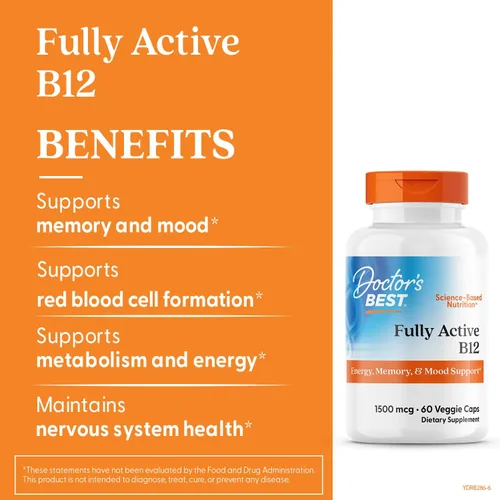 Vista 4 de Doctor's Best B12 Totalmente Activo 1500 mcg, Sin OGM, Vegano, Sin Gluten, Apoya la Memoria Saludable, el Estado de Ánimo y la Circulación, 60