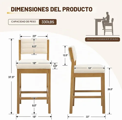 Vista 2 de CIMOTA Taburete de bar de 26 pulgadas de alto, taburete de bar de madera con respaldo, taburetes de isla de cocina tapizados de lino, silla de barra