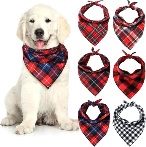 Vista 9 de Honoson 6 pañuelos triangulares para perro, bufanda para perro, bufanda con estampado a cuadros, baberos ajustables, lavables, juego de bandana