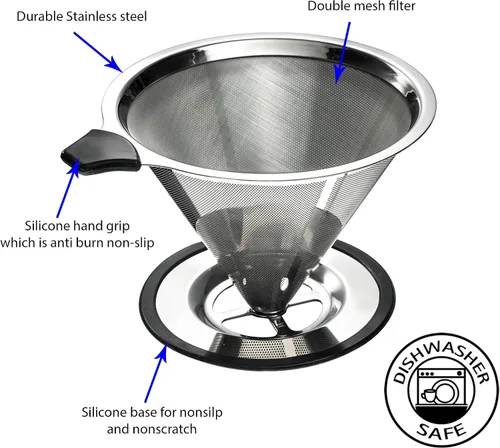 Vista 3 de gotero de cono para café de acero inoxidable con soporte para taza, cuchara y cepillo de limpieza