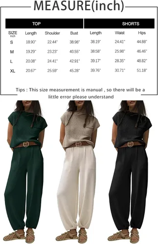 Vista 7 de LILLUSORY Conjuntos de 2 piezas para mujer, conjuntos de descanso de moda, suéter de punto acogedor de manga corta, conjunto de ropa de descanso a
