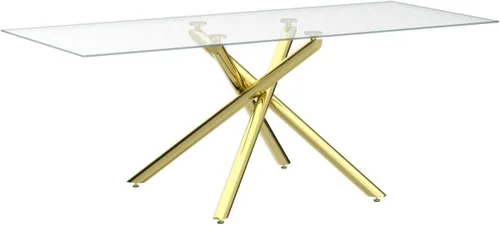 Vista 4 de LKTART Mesa de comedor rectangular de vidrio de 71 pulgadas con mesa de vidrio templado de 0.39 pulgadas y patas de metal cromado dorado