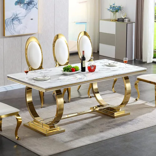 Vista 12 de Juego de mesa de comedor moderno de mármol para 6, sillas de mesa de cocina, juego de 7 piezas con mesa de comedor de imitación de mármol blanco