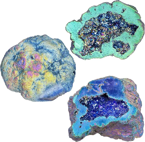 Vista 4 de Nupuyai Grupo de geoda de cristal de cuarzo con revestimiento de titanio irregular natural para Reiki Rock Crystal Mineral Espécimen para decoración