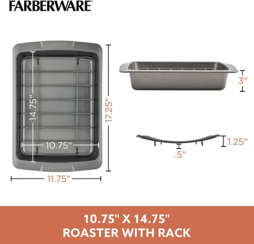 Vista 3 de Farberware Bakeware - Sartén antiadherente para asar con estante en U, 14.75 pulgadas x 10.75 pulgadas, color gris