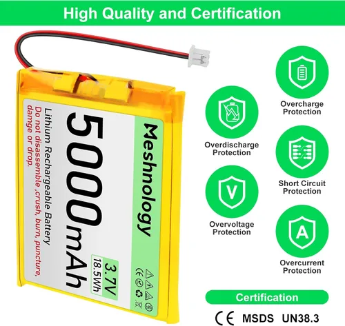 Vista 2 de Batería LiPo de 3.7 V 5000 mAh recargable 1S 955565 Batería de polímero de litio con placa de protección, cinta de goma aislada, enchufe micro JST