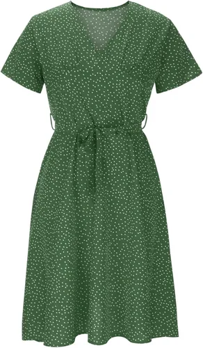 Vista 5 de Vestidos de verano para mujer 2023, vestido de manga corta con cuello en V para mujer, vestido único envolvente casual bohemio midi vestidos de sol