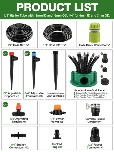 Vista 2 de Kalolary - Kit de riego por goteo automático de 150 pies con rociador de césped, sistema de riego de jardín de 1/4 pulgadas y 1/2 pulgadas con tubo