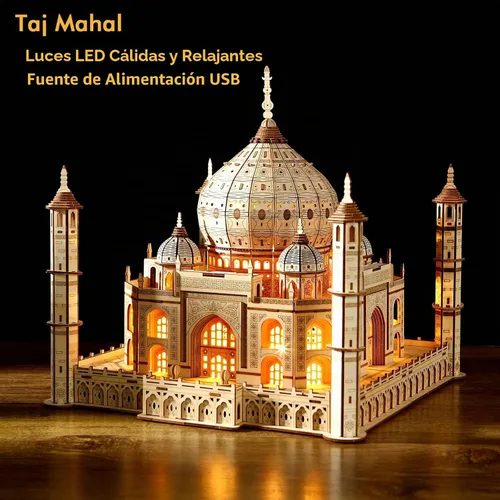 Vista 2 de Taj Mahal - Rompecabezas de madera 3D 388 piezas, kit de construcción de arquitectura de luz LED, sin pegamento, modelo de bricolaje, decoración