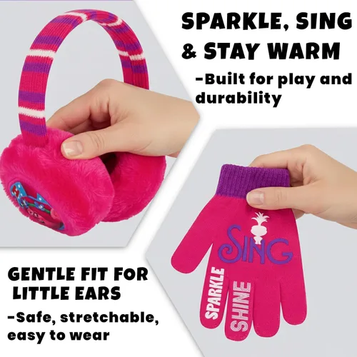 Vista 9 de DREAMWORKS TROLLS Conjunto de gorro de invierno y guantes para niñas, bufanda o orejeras, amapola para edades de 4 a 7 años