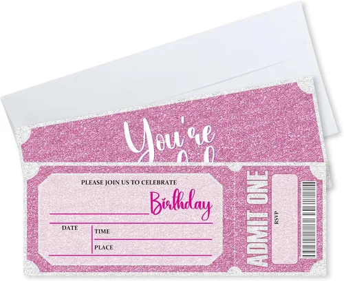 Vista 6 de Invitaciones de cumpleaños de 3 x 8 pulgadas – 20 tarjetas de invitación con purpurina rosa con 20 sobres – Boletos VIP estilo relleno de doble cara