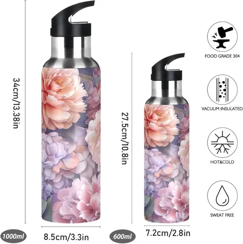 Vista 2 de BPA-Free Sport Water Bottle Insulated 20 Oz, Stainless Steel Vacuum Insulated Water Bottle for Gym Outdoor Travel School, Watercolor Peonies