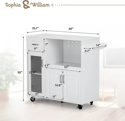 Vista 7 de Sophia & William Carrito de isla de cocina con ruedas con bandeja extensible, estante ajustable y puerta de cristal, isla de almacenamiento móvil