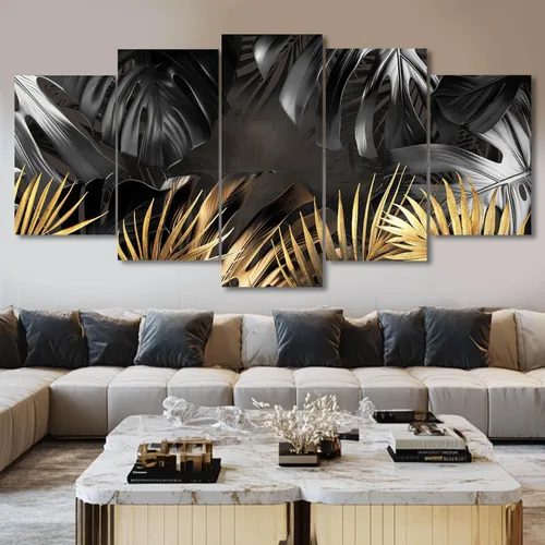 Vista 2 de Pintura de hojas negras y doradas, decoración de pared para sala de estar, arte de naturaleza en lienzo, obra de arte moderna, impresiones