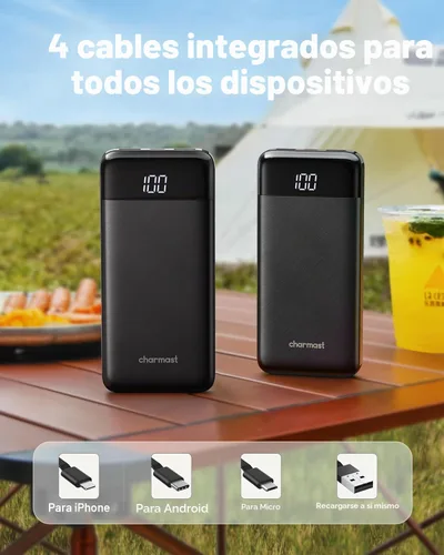 Vista 2 de charmast Cargador portátil de 10000 mAh, 4 cables integrados, 6 salidas/3 entradas, carga rápida de 3 A, compatible con iPhone, iPad, Samsung