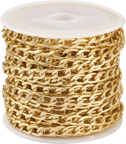 Vista 20 de FASHEWELRY Cadena de eslabones de aluminio de 16.4 pies sin soldar, rollo de cadenas de eslabones dorados con carrete para hacer collares, joyas