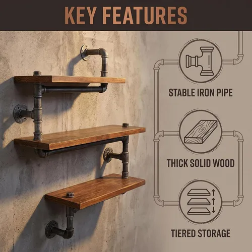 Vista 8 de Estantería de tubo industrial Pipe, madera moderna rústica, 3 estantes de pared de tubos escalonados, tubo de hierro forjado, estantería de diseño