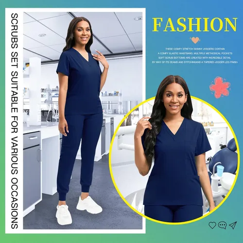Vista 6 de niaahinn Conjunto de ropa quirúrgica clásica con cuello en V y pantalón deportivo de yoga, uniforme médico de enfermería