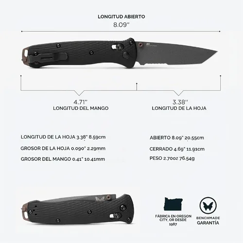 Vista 5 de Benchmade - Cuchillo táctico de rescate Bailout, cuchillo EDC, filo serrano, hoja tanto con mango de aluminio negro (537SGY-03)