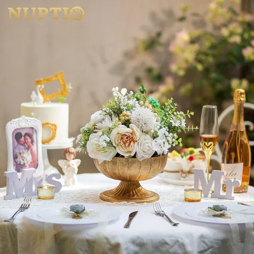 Vista 6 de NUPTIO Jarrones Dorados Desgastados para Centros de Mesa: Jarrones de Compota de Latón Rústicos para Flores - Decoración de Cuenco con Pedestal