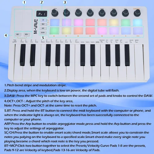 Vista 7 de M-VAVE 25 Teclas 16 Almohadillas de Batería Retroiluminadas Teclado MIDI – Creador de Ritmos Profesional y Keytar para Producción Musical de Teclado