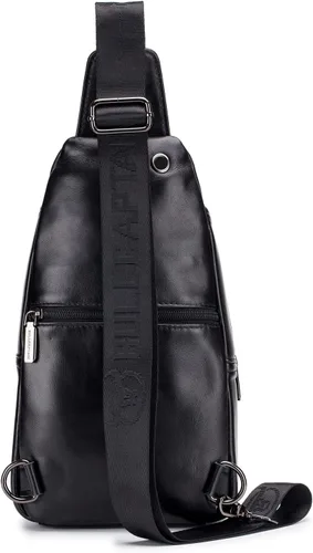 Vista 4 de Hebetag Mochila cruzada de cuero para hombres y mujeres, mochila de hombro para el pecho, multiusos, casual, Negro -, Viajar