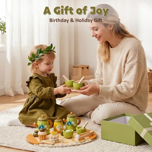 Vista 7 de Juego de té de madera para niños pequeños, juguetes de fiesta de té de simulación para niños de 3 a 5 años, regalo para niñas y niños