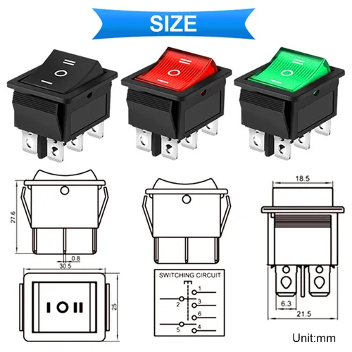 Vista 4 de Interruptor basculante AC 16A/250V 20A/125V DPDT On/Off/On Mini botón de presión de 3 colores (negro/rojo/verde) 6 pines 3 posiciones LED