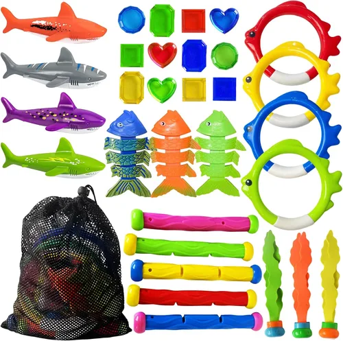 Vista 8 de Jasonwell - Juego de 25 juguetes de piscina con palos de buceo y anillos, tesoros submarinos, bandidos de torpedos, peces, etc. Divertido juguete