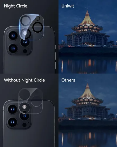 Vista 6 de Protector de lente de cámara para iPhone, vidrio templado 9H, antiarañazos, compatible con fundas, círculo nocturno, claridad HD sin burbujas