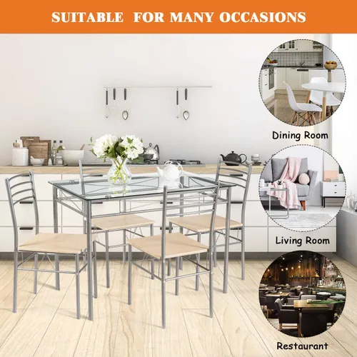 Vista 7 de Juego de mesa de comedor moderno para 4, juego de mesa de comedor con mesa de cristal, marco de metal y asiento de madera, mesa de cocina de 5