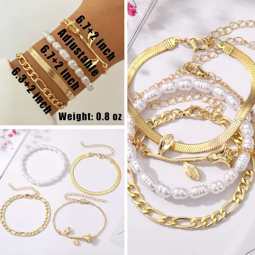 Vista 5 de IFKM 6 PACK (24 PCS) Boho Gold Chain Bracelets Set for Women Girls, 14K Gold Plated Multiple Layered Stackable Open Cuff Wrap Bangle Adjustable Link